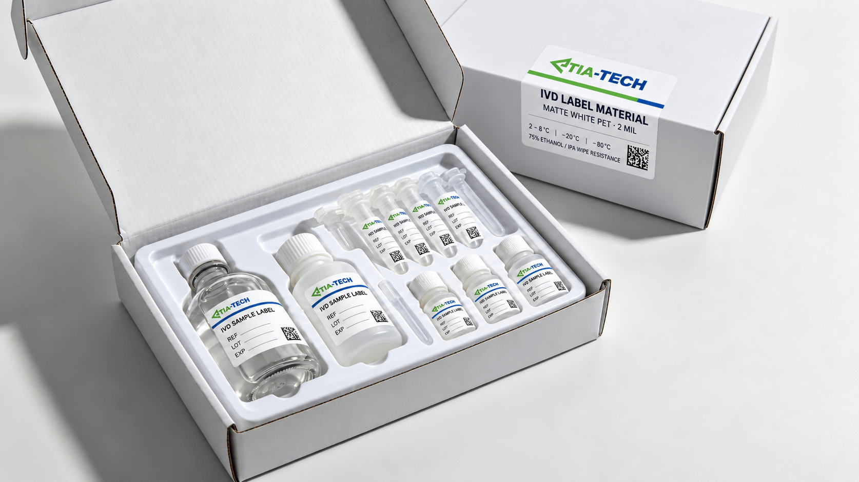 E-2532V — 2 mil Matte PET IVD Label (alcohol-proof, cold chain, UDI)